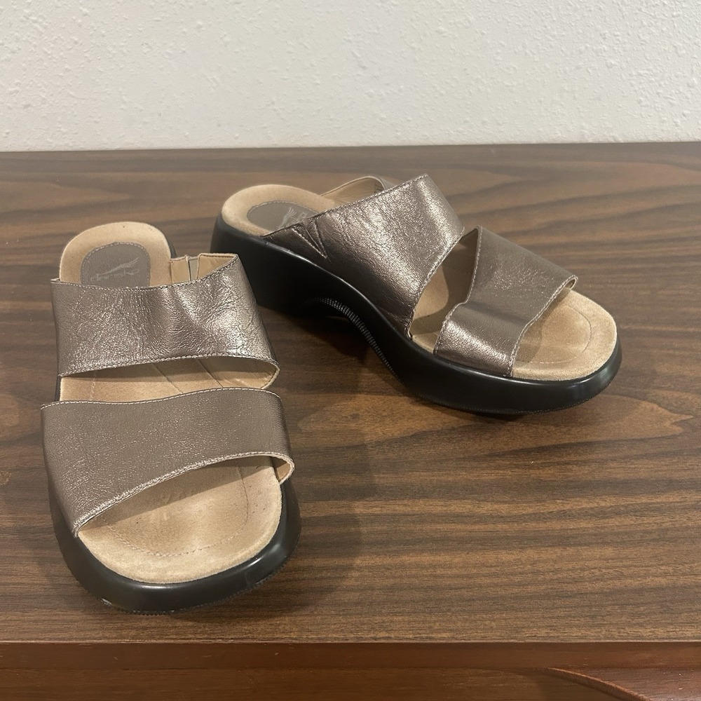 Dansko Lana Leather Slide Sandals Womens 39 US 8.5 Metallic Pewter Comfort Wedge